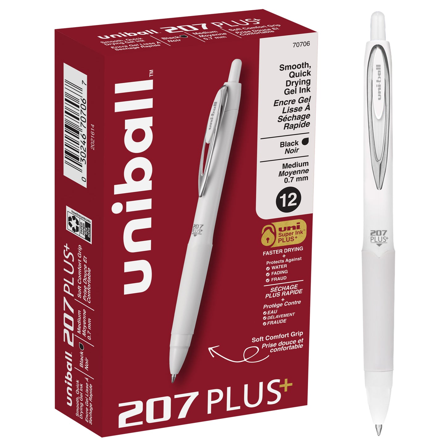 uniball™ 207 Plus+ Retractable Gel Pens, Medium Point (0.7mm), White Barrel, Black Ink, 12 Pack
