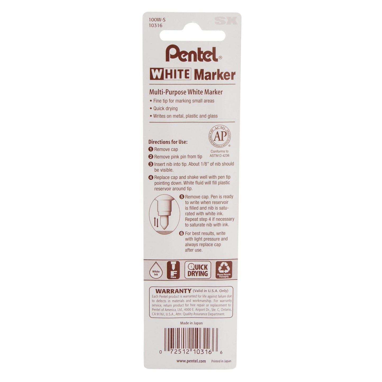 White Marker Permanent Ink Fine Point 1-Pk (100W-S)