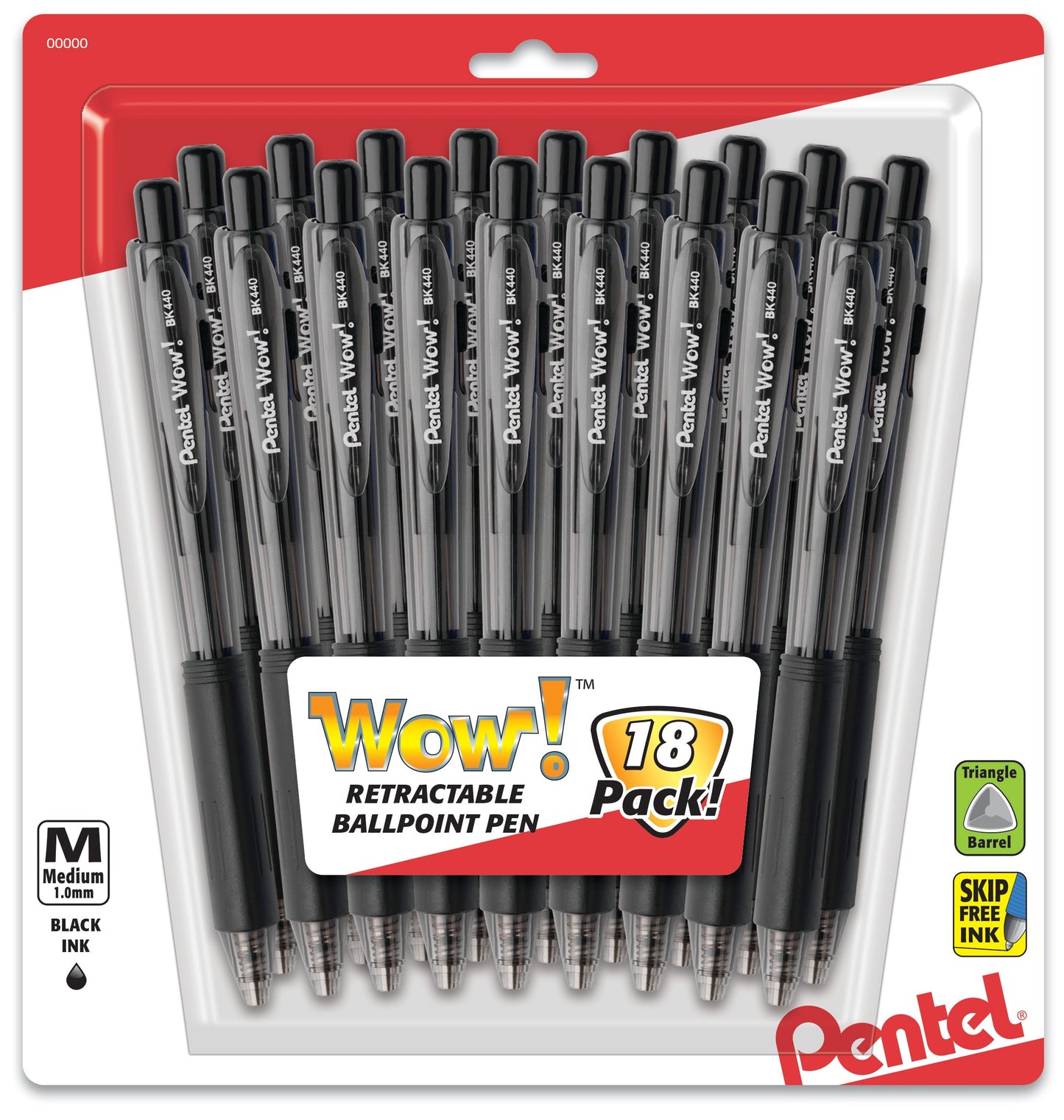 Wow! Retractable Ballpoint Pen, (1.0mm) Medium Line, NEW Ink, Black Ink 18-Pk (BK440BP18A)