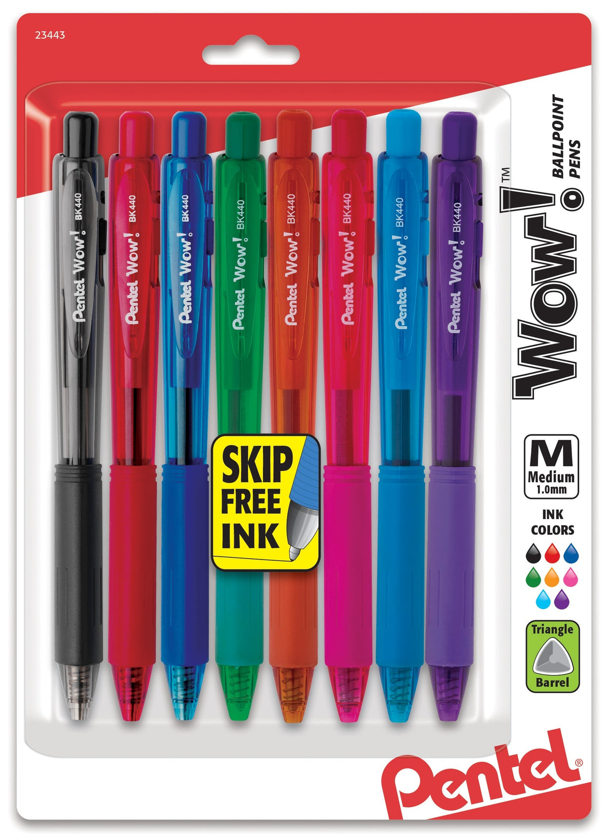 Pentel Wow! Retractable Ballpoint Pen, (1.0m) Medium Line, NEW Ink, Assorted Ink Colors (A/B/C/D/F/P/S/V) 8-Pk (BK440BP8M), 72 Each