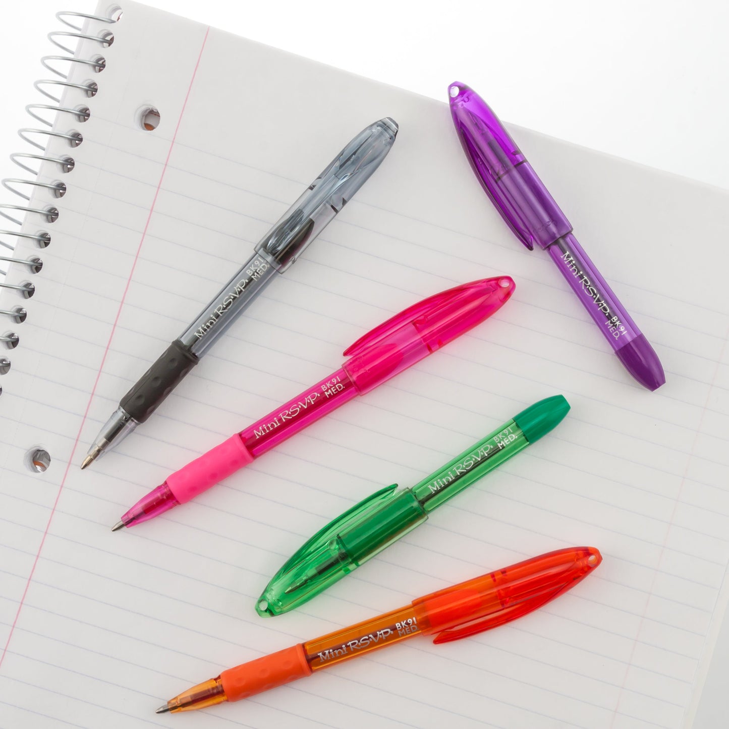 RSVP Mini Ballpoint Pen, (1.0mm) Medium Line, Assorted Ink (A/B/C/D/V) w/ Key Ring, 5-Pk (BK91MNBP5M)