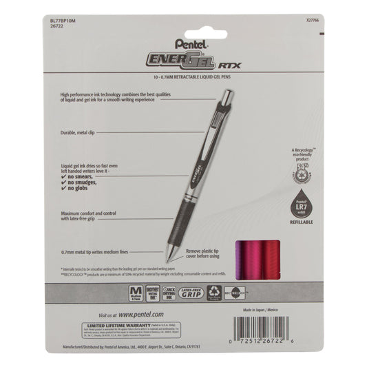 EnerGel RTX Retractable Liquid Gel Pen, (0.7mm) Medium Line, Metal Tip, Assorted Ink (B/P/F/D/S/CA/E/K/V/S3) 10-Pk (BL77BP10M)