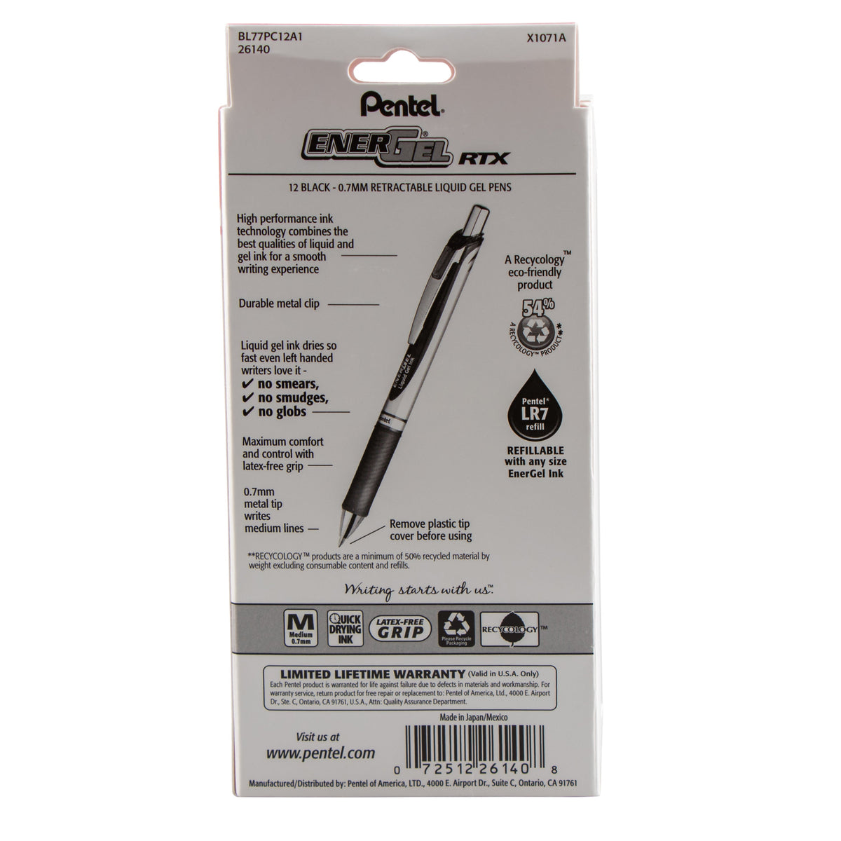 Pentel EnerGel RTX Retractable Liquid Gel Pen, (0.7mm) Metal Tip, Medium Line,0.7mm, Black Ink, 12-Pk Hanging Window Box (BL77PC12A1)