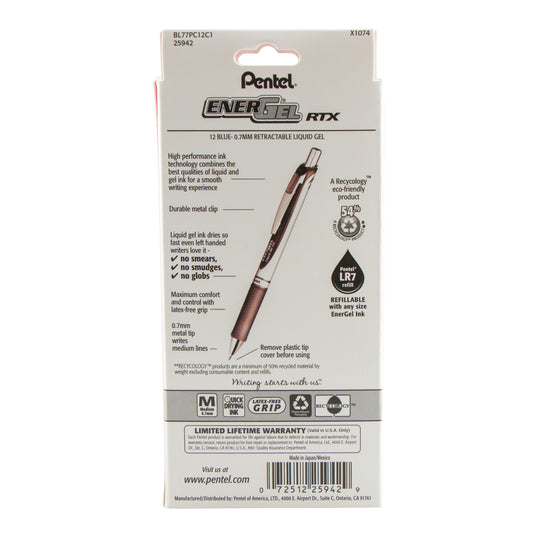 EnerGel RTX Retractable Liquid Gel Pen, (0.7mm) Metal Tip, Medium Line,0.7mm, Blue Ink, 12-Pk Hanging Window Box (BL77PC12C1)