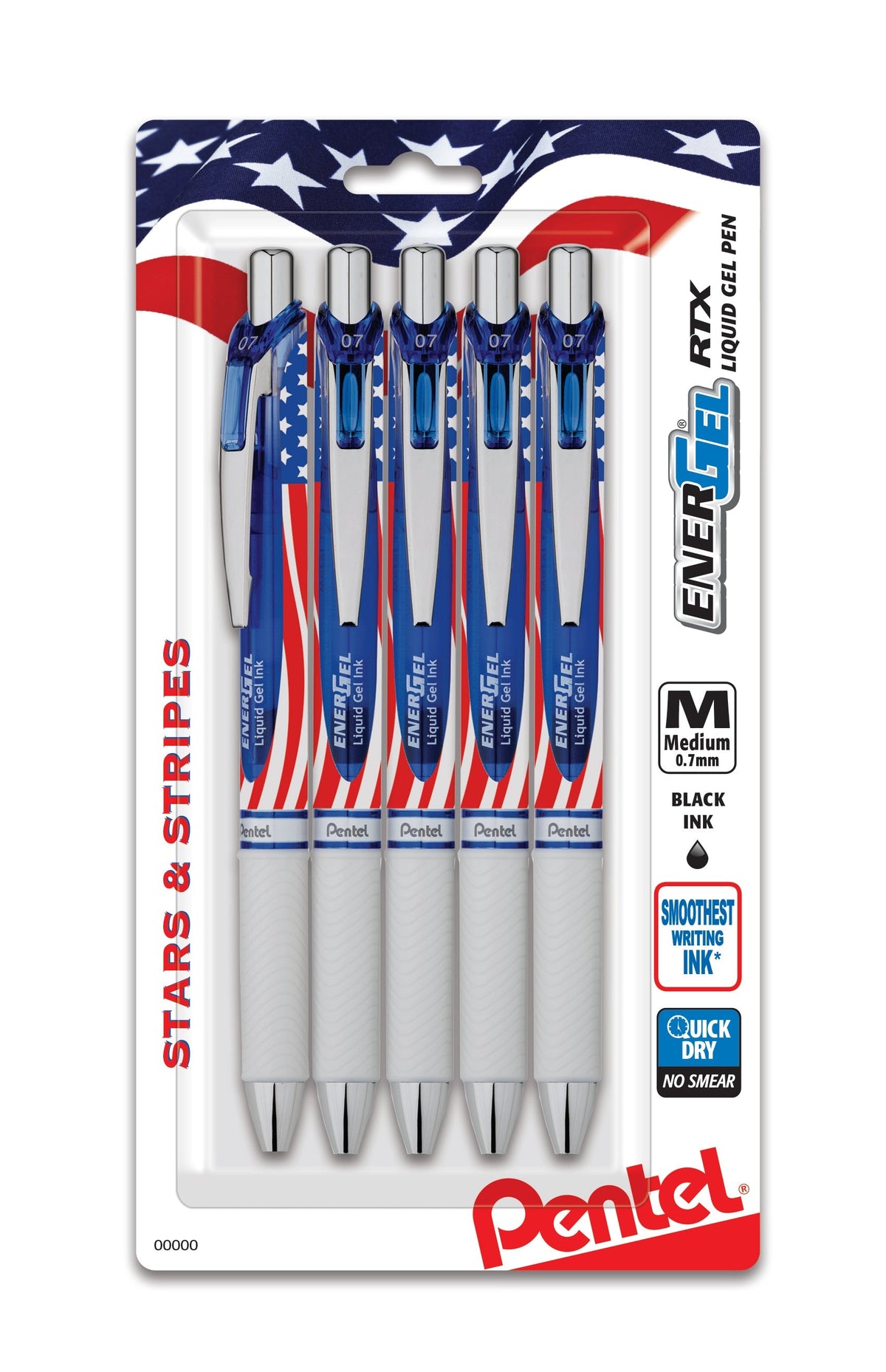 Pentel EnerGel RTX Retractable Liquid Gel Pen, Flag Barrel, (0.7mm) Metal Tip, Medium Line, Black Ink, 5-Pk (BL77USABP5A), 72 Each