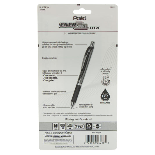 EnerGel RTX Retractable Liquid Gel Pen, (1.0mm) Metal Tip, Bold Line, Asstd Ink (A/B/C/D/V) 5-Pk (BL80BP5M)