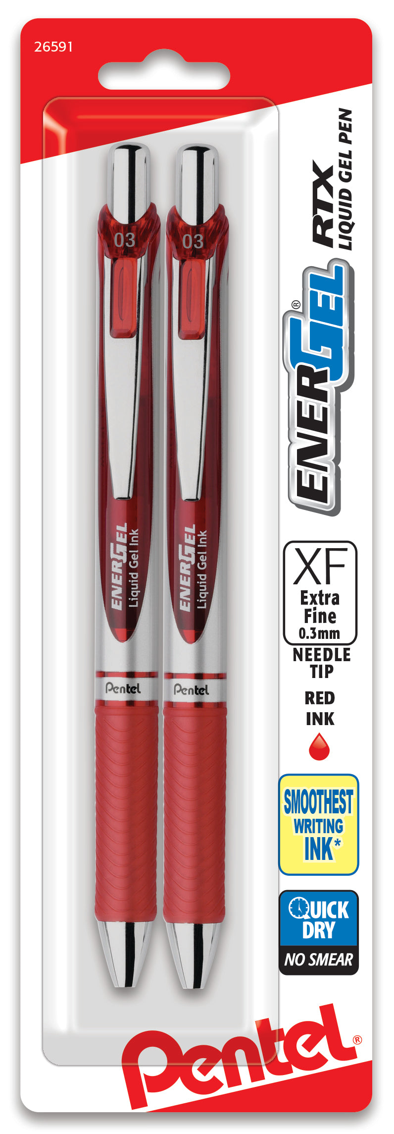 Pentel EnerGel RTX Retractable Liquid Gel Pen, (0.3mm) Needle Tip, Extra Fine Line, Red Ink, 2-Pk (BLN73BP2B), 144 Each