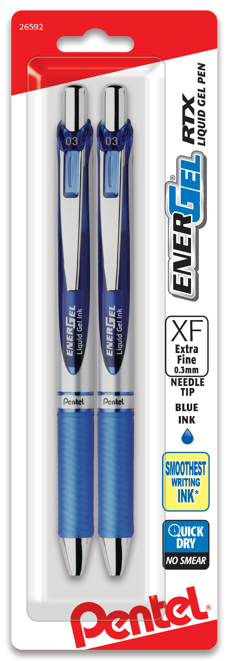 Pentel EnerGel RTX Retractable Liquid Gel Pen, (0.3mm) Needle Tip, Extra Fine Line, Blue Ink, 2-Pk (BLN73BP2C), 144 Each