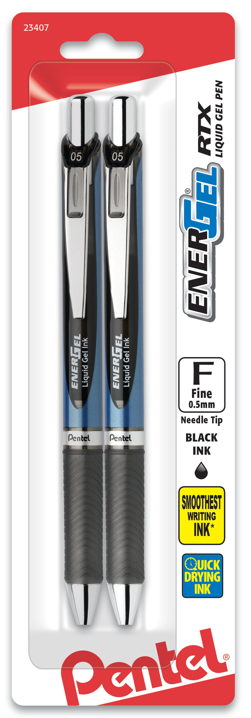 EnerGel RTX Retractable Liquid Gel Pen, (0.5mm) Needle Tip, Fine Line, Black Ink 2-Pk (BLN75BP2A)