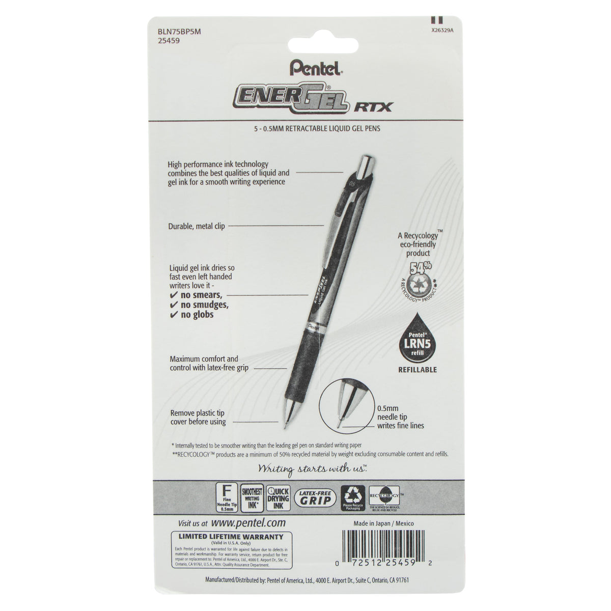 Pentel EnerGel RTX Retractable Liquid Gel Pen, (0.5mm) Needle Tip, Fine Line, Assorted Ink (A/B/C/D/V) 5-Pk (BLN75BP5M), 72 Each
