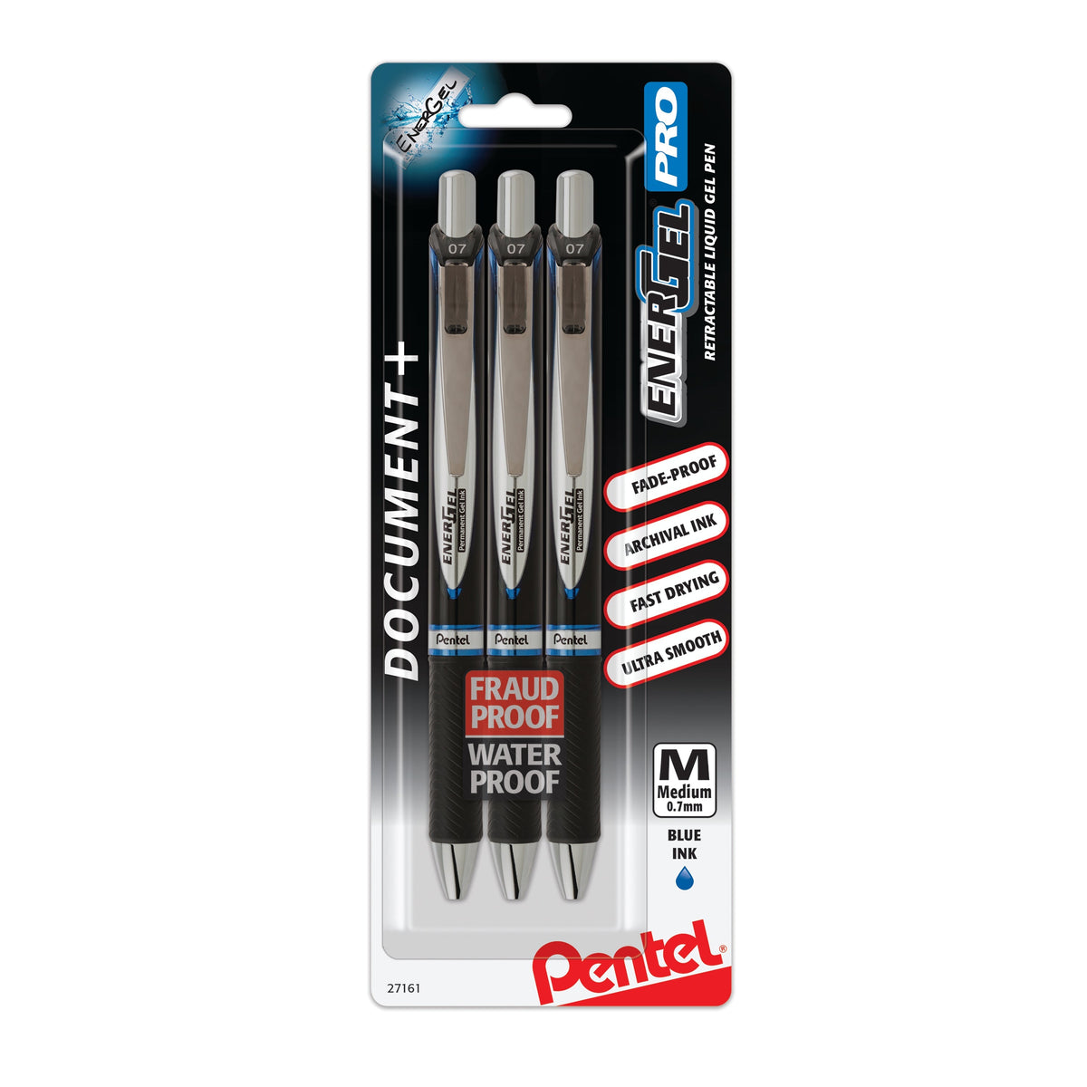 Pentel EnerGel PRO Permanent Gel Pen, (0.7mm) Medium Line, Blue Ink, 3-Pk (BLP77BP3C), 144 Each