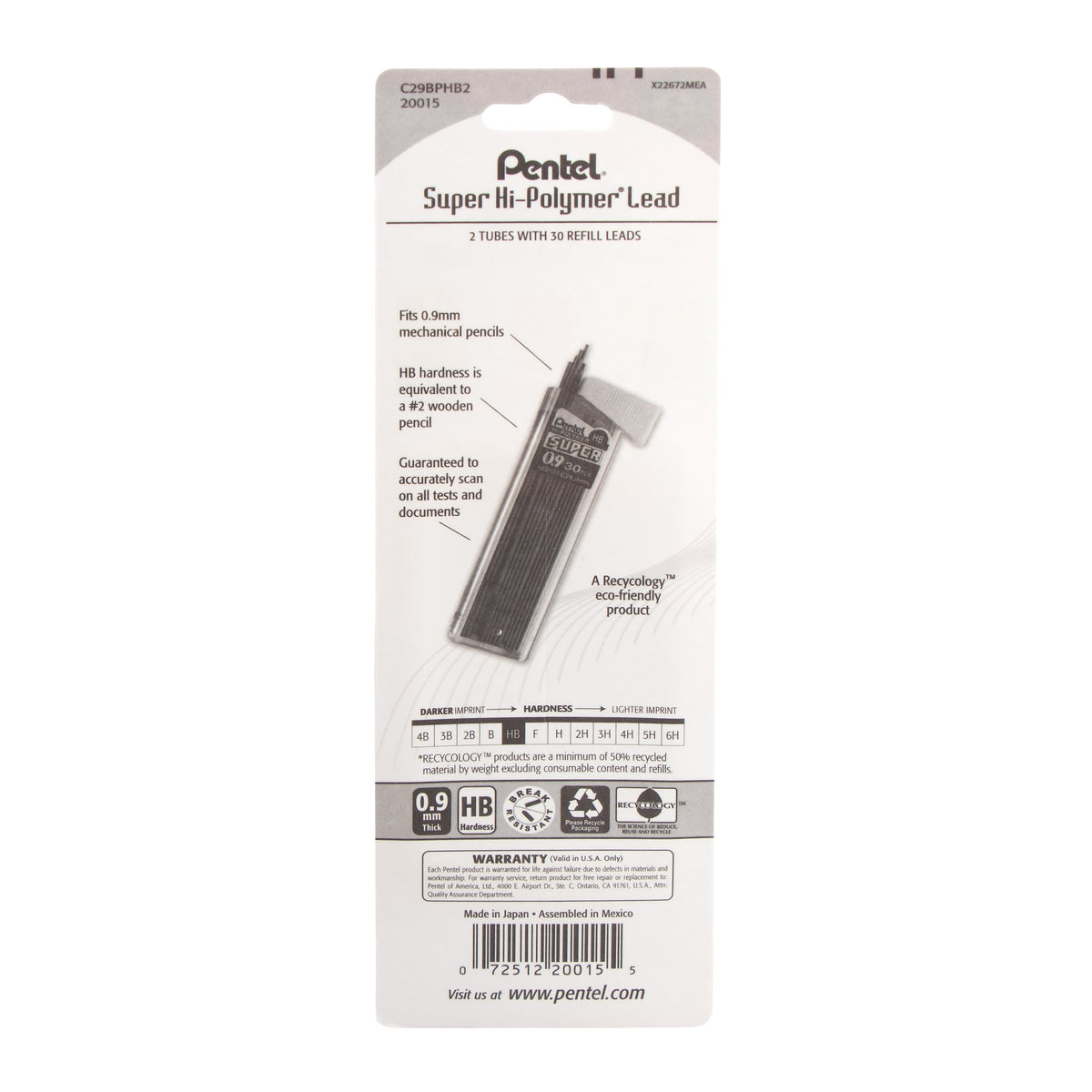 Pentel Super Hi-Polymer Lead Refill (0.9mm) Thick, HB, 30 pcs/Tube 2-Pk (C29BPHB2)