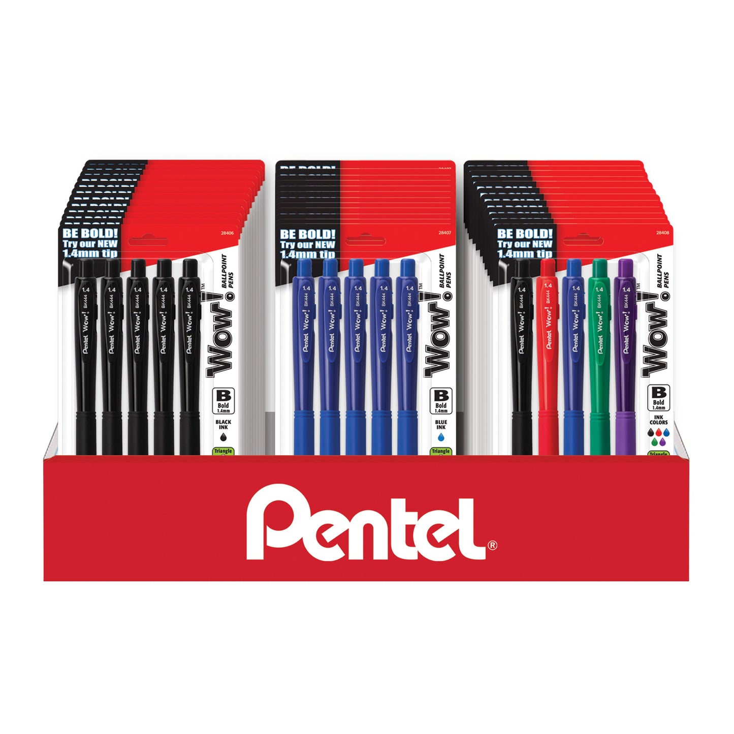 Wow! Retractable Ballpoint Pen, (1.4mm) Bold Line, Assorted Ink, 5-pk Blister Pack Counter Display- 36 Pieces (CD3BK4445AM)