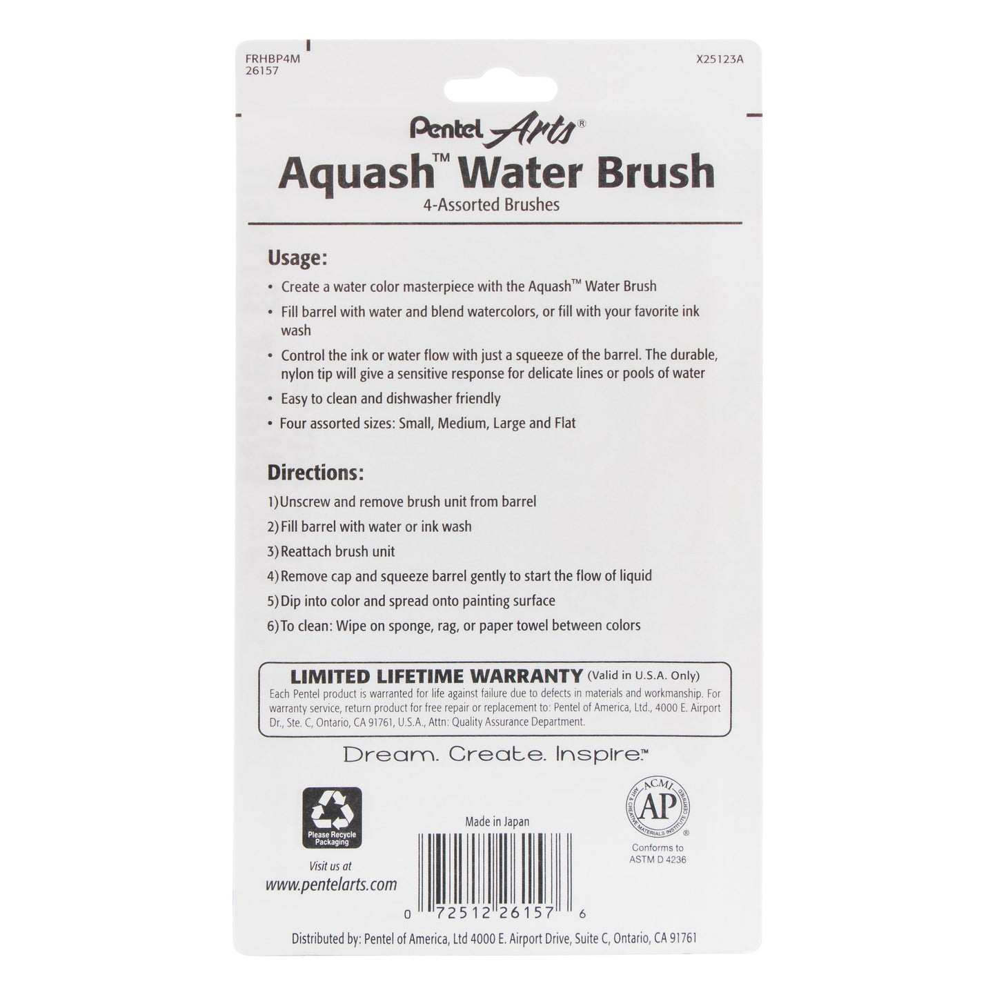 Pentel Arts Aquash Water Brush Assorted Tips. 4-Pk Carded (FRHBP4M)