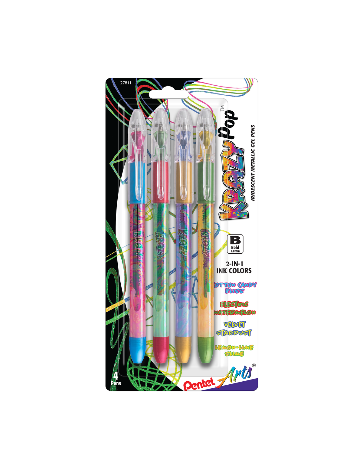 Pentel Arts Krazy Pop Iridescent Gel Pen, (1.0mm) Bold line, Assorted Ink (XC/BD/CP/DG), 4-pk (K91PABP4M3), 144 Each