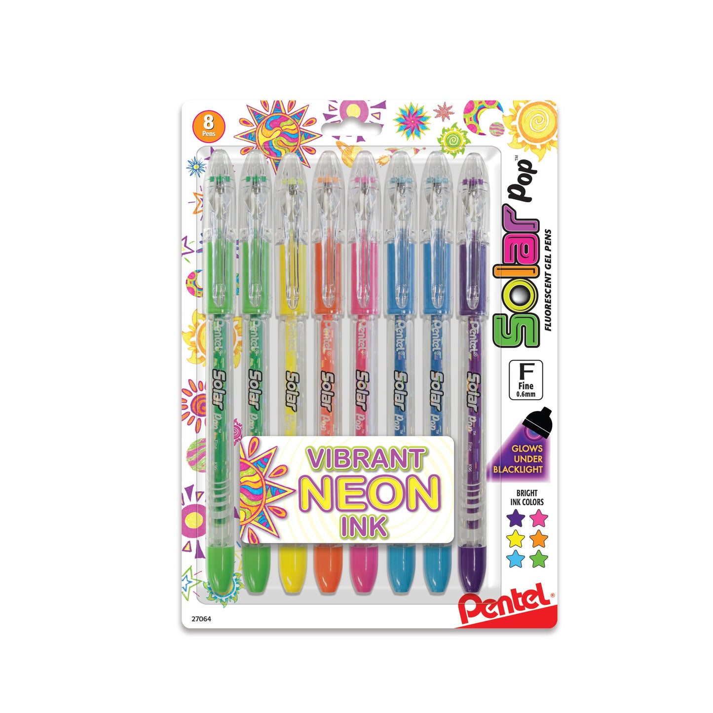 Solar Pop Neon Gel Pen, (0.6mm) Fine Line, Assorted Ink (F/G/2K/P/2S/V), 8-Pk (K96BP8M)
