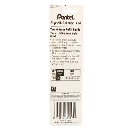 Super Hi-Polymer Lead Refill (0.9mm), HB 15 pcs/Tube 2-Pk (L509BP2HB-K6)