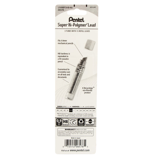 Super Hi-Polymer Lead Refill (0.9mm), HB 15 pcs/Tube 3-Pk (L509BP3HB-K6)