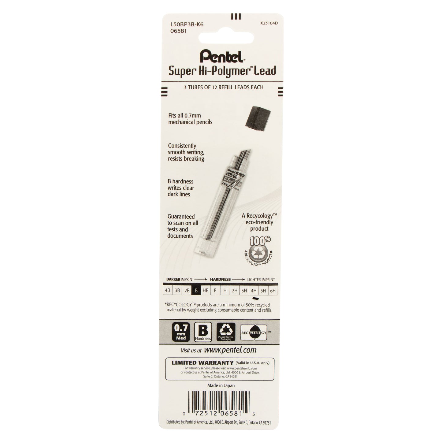 Super Hi-Polymer Lead Refill (0.7mm), B 12 pcs/Tube 3-Pk (L50BP3B-K6)