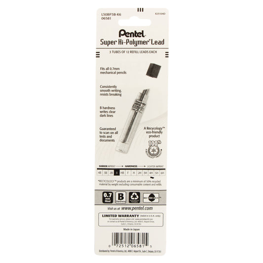 Super Hi-Polymer Lead Refill (0.7mm), B 12 pcs/Tube 3-Pk (L50BP3B-K6)