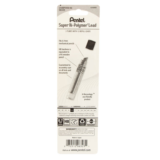 Super Hi-Polymer Lead Refill (0.7mm), HB 12 pcs/Tube 3-Pk (L50BP3HB-K6)