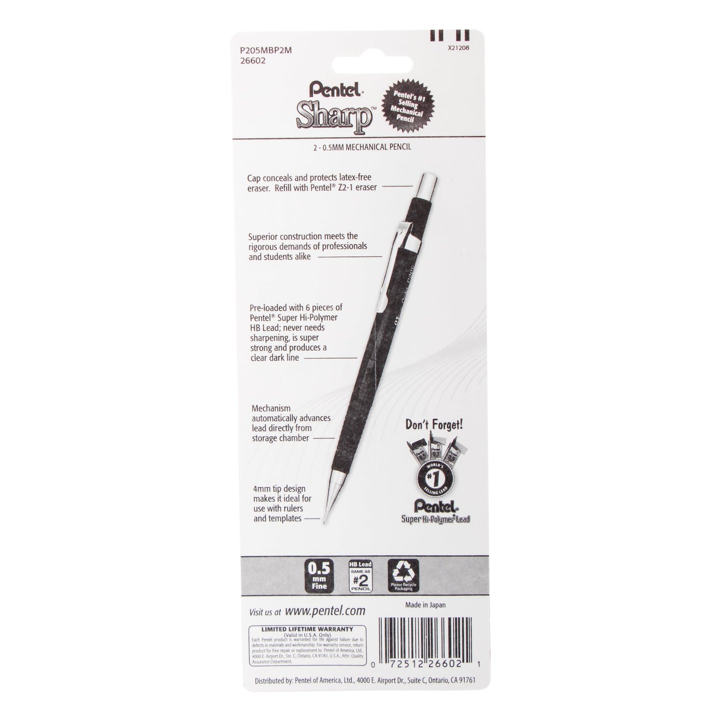 Sharp Mechanical Pencil, (0.5mm), Metallic Barrels, Assorted Colors, 2-Pk (P205MBP2M)