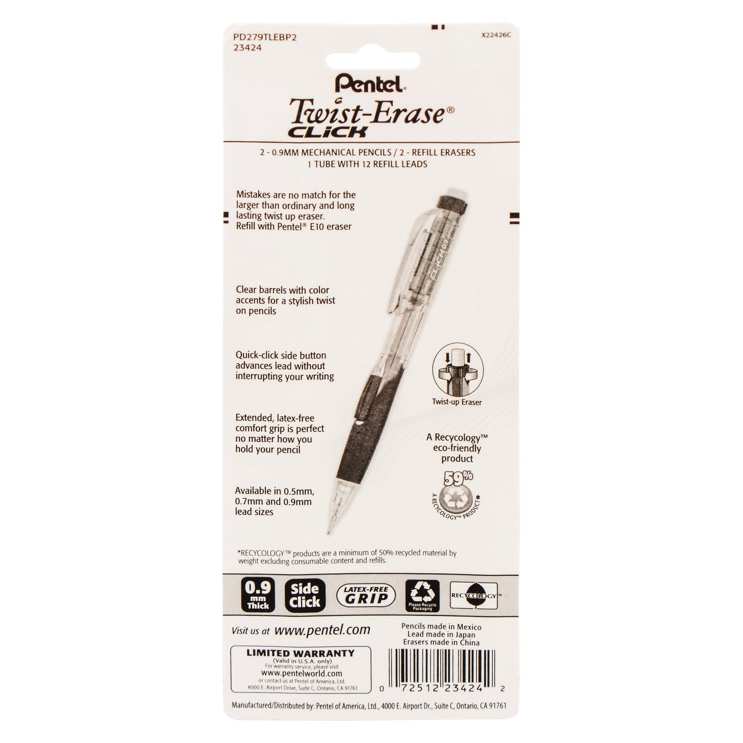 Twist-Erase Click Mechanical Pencil (0.9mm) Clear Barrel, 2-Pk with Lead and 2 erasers (PD279TLEBP2)