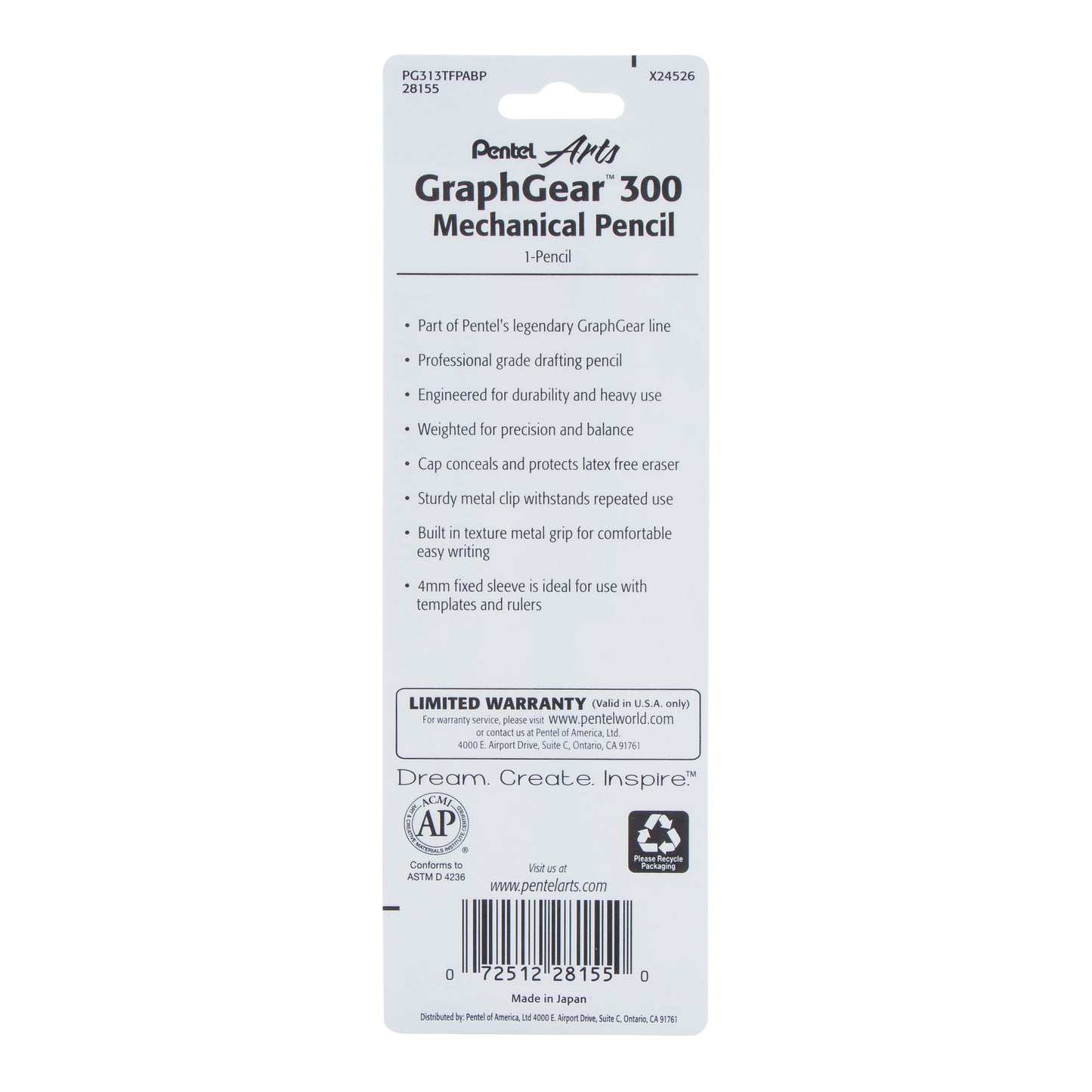 Pentel Arts GraphGear 300 Mechanical Pencil, (0.3mm) Extra-fine line, 1- Pack, Orange Barrel (PG313TFPABP)