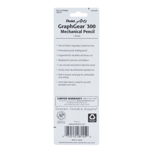 Pentel Arts GraphGear 300 Mechanical Pencil, (0.3mm) Extra-fine line, 1- Pack, Orange Barrel (PG313TFPABP)