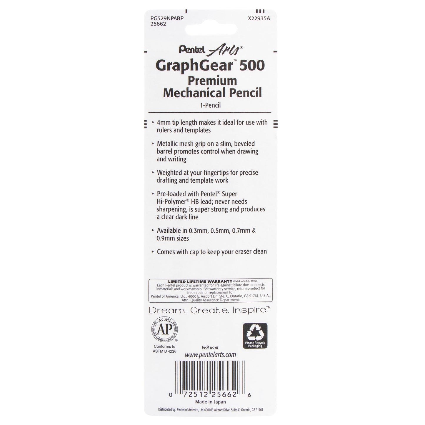 Pentel Arts GraphGear 500 Premium Drafting Pencil (0.9mm), Gray Barrel, 1-Pk (PG529NPABP)