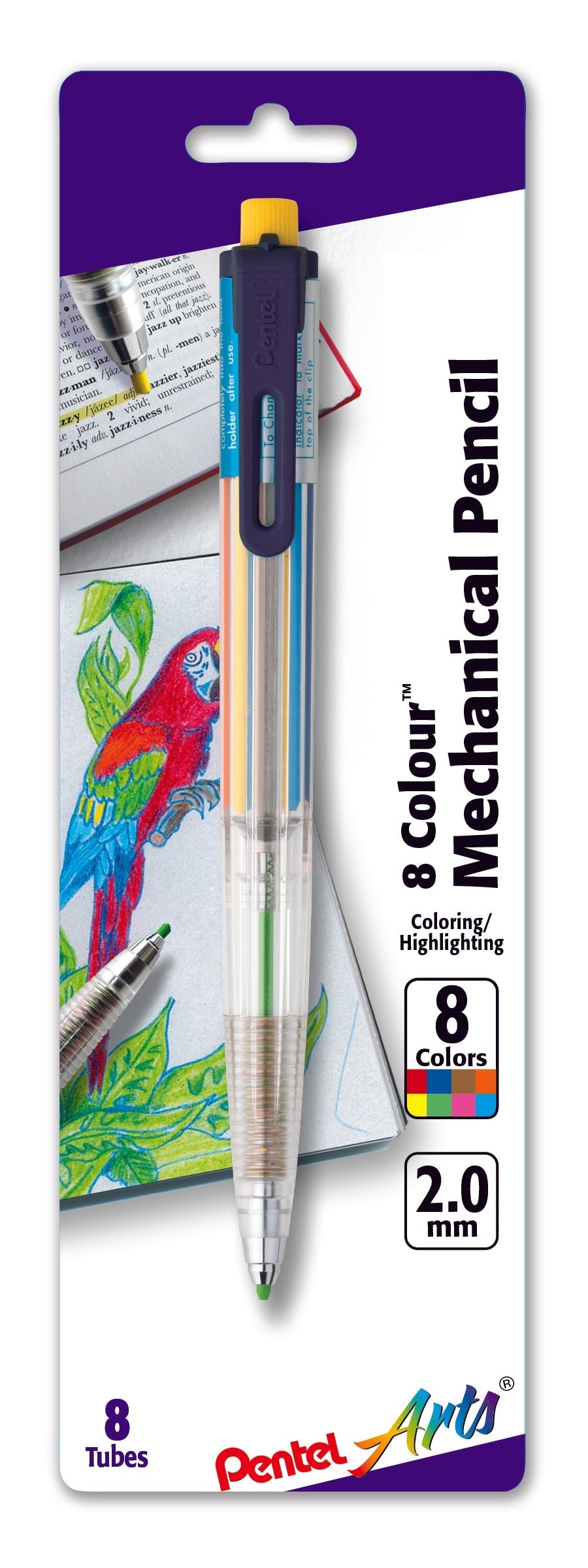 Pentel Arts 8 Color Mechanical Pencil (2.0mm), Assorted Accent Clip Colors 1-Pk (PH158BP), 72 Each