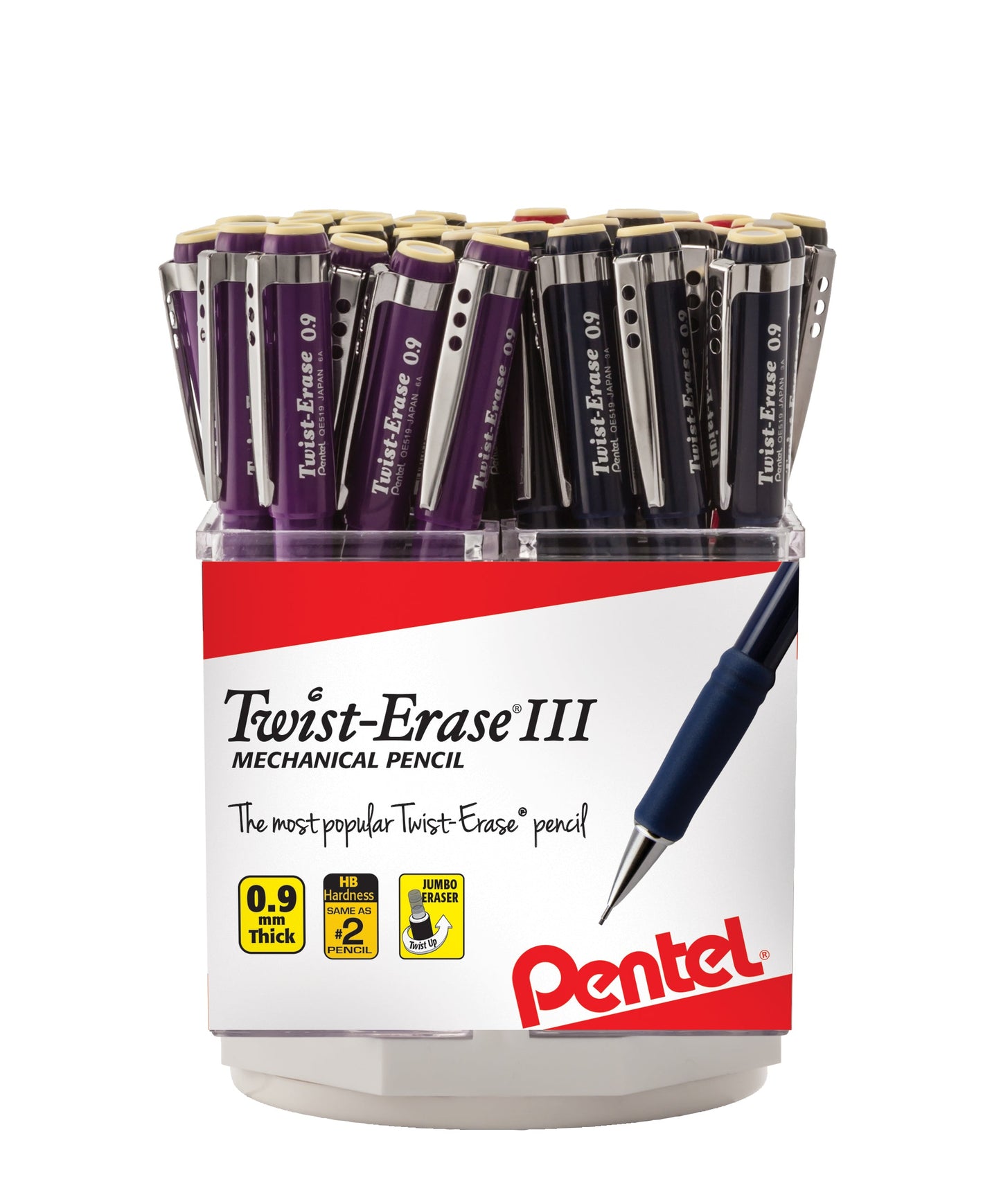 Twist-Erase III Mechanical Pencil, (0.9mm) Assorted Barrel Colors (A/B/C/V),
Open Stock Spinner Display - 48 Pieces (QE519-4)