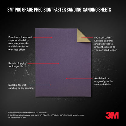 3M™ Pro Grade Precision™ Faster Sanding Sheets w/ NO-SLIP GRIP™ Backing SHR220-PGP-3T, 9 in x 11 in, 220 Gr, 3 St/Pk