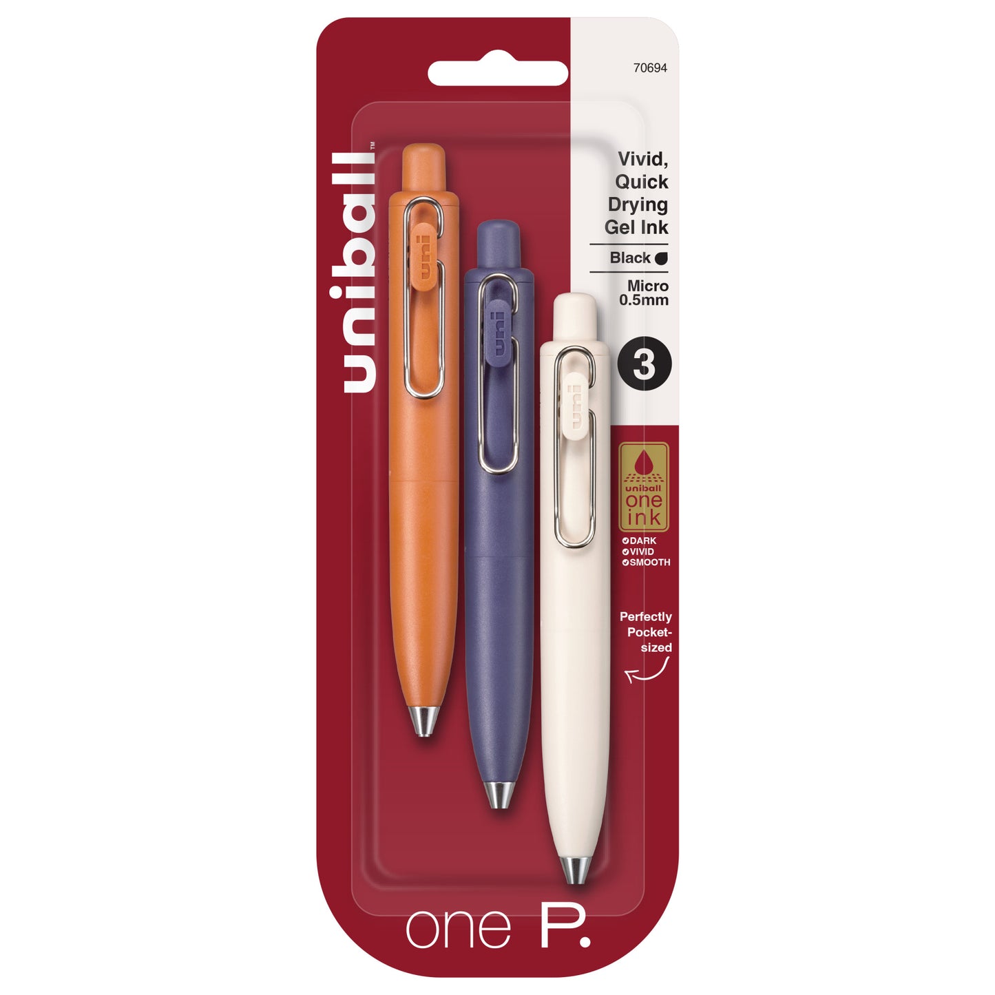 uniball™  one P Retractable Gel Pens, Micro Point (0.5mm), Mandarin, Grape, and Yogurt Barrels, Black Ink, 3 Pack