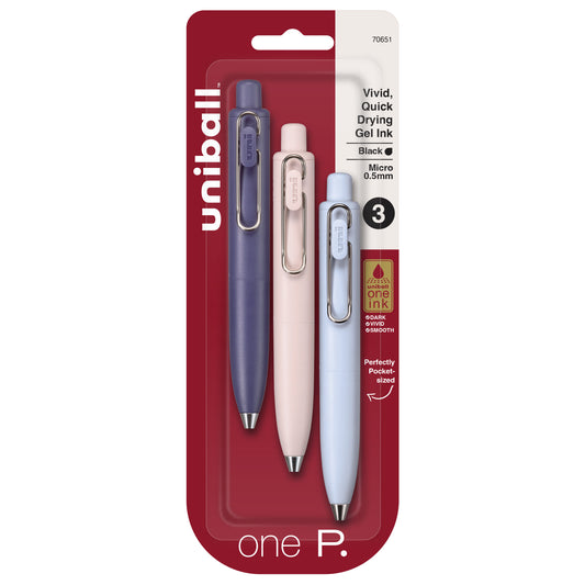 uniball™ one P Retractable Gel Pens, Micro Point (0.5mm), Grape, Peach, and Soda Barrels, Black Ink, 3 Pack
