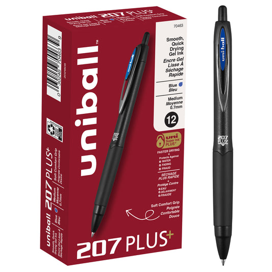 uniball™ 207 Plus+ Retractable Gel Pens, Medium Point (0.7mm), Blue, 12 Pack