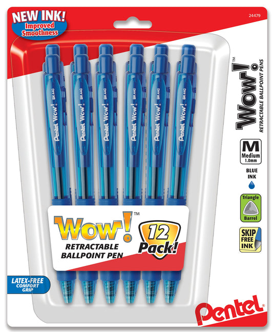 Wow! Retractable Ballpoint Pen, (1.0mm) Medium Line, NEW Ink, Blue Ink 12-Pk (BK440BP12C)