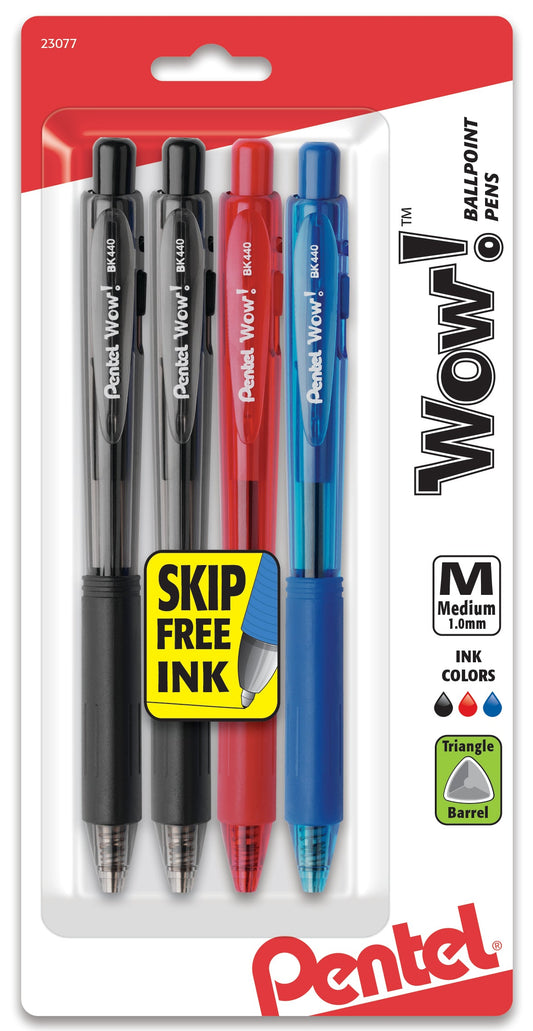 Wow! Retractable Ballpoint Pen, (1.0mm) Medium Line, NEW Ink, Assorted Ink (2A/B/C) 4-Pk (BK440BP4M1)