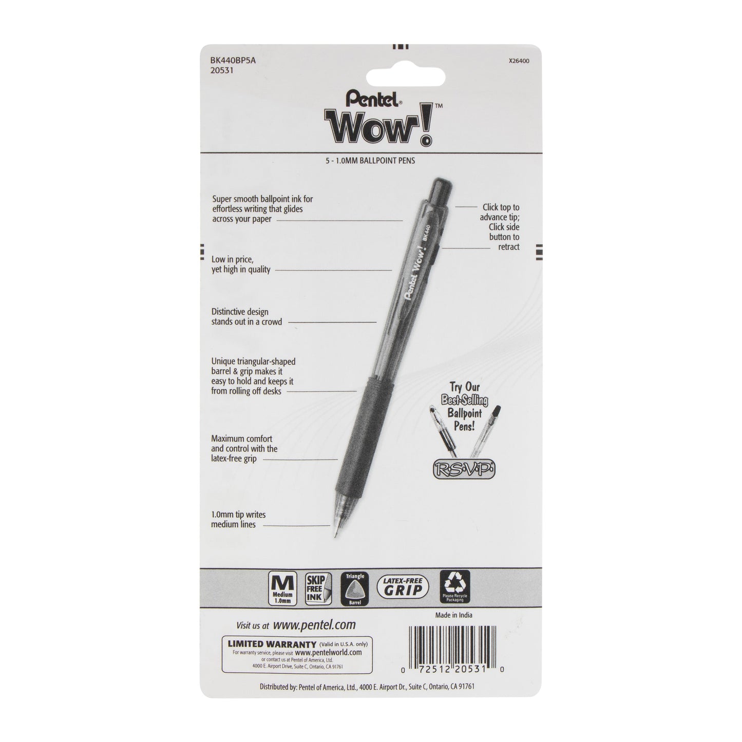 Wow! Retractable Ballpoint Pen, (1.0mm) Medium Line, NEW  Ink, Black Ink 5-Pk (BK440BP5A)