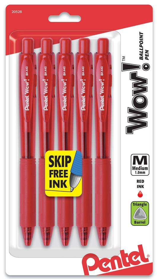 Wow! Retractable Ballpoint Pen, (1.0mm) Medium Line, NEW Ink, Red Ink 5-Pk (BK440BP5B)