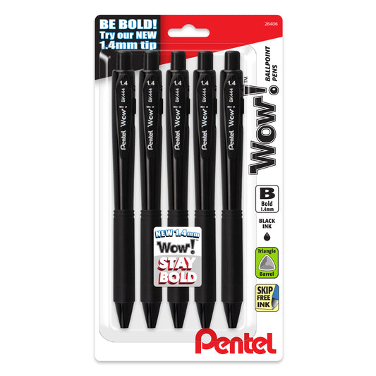 Wow! Retractable Ballpoint Pen, (1.4mm) Bold Line, Black Ink, 5-pk (BK444BP5A)