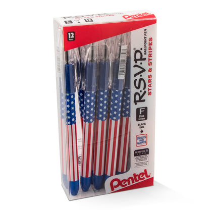 RSVP Ballpoint Pen, (0.7mm) Fine Line, Flag Barrel, Black Ink (BK90USA-A)