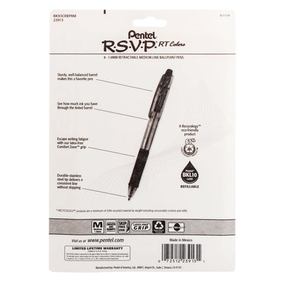 RSVP RT COLORS Retractable Ballpoint Pen, (1.0mm) Medium Line, Asstd Ink (A/B/C/D/F/P/S/V) 8-Pk (BK93CRBP8M)