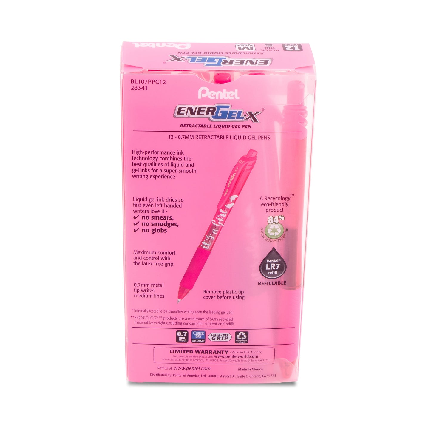 EnerGel-X Retractable Gel Pen, (0.7mm) Med. line, Pink Ink- its a Girl Dozen Box (BL107PPC12)