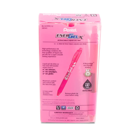 EnerGel-X Retractable Gel Pen, (0.7mm) Med. line, Pink Ink- its a Girl Dozen Box (BL107PPC12)