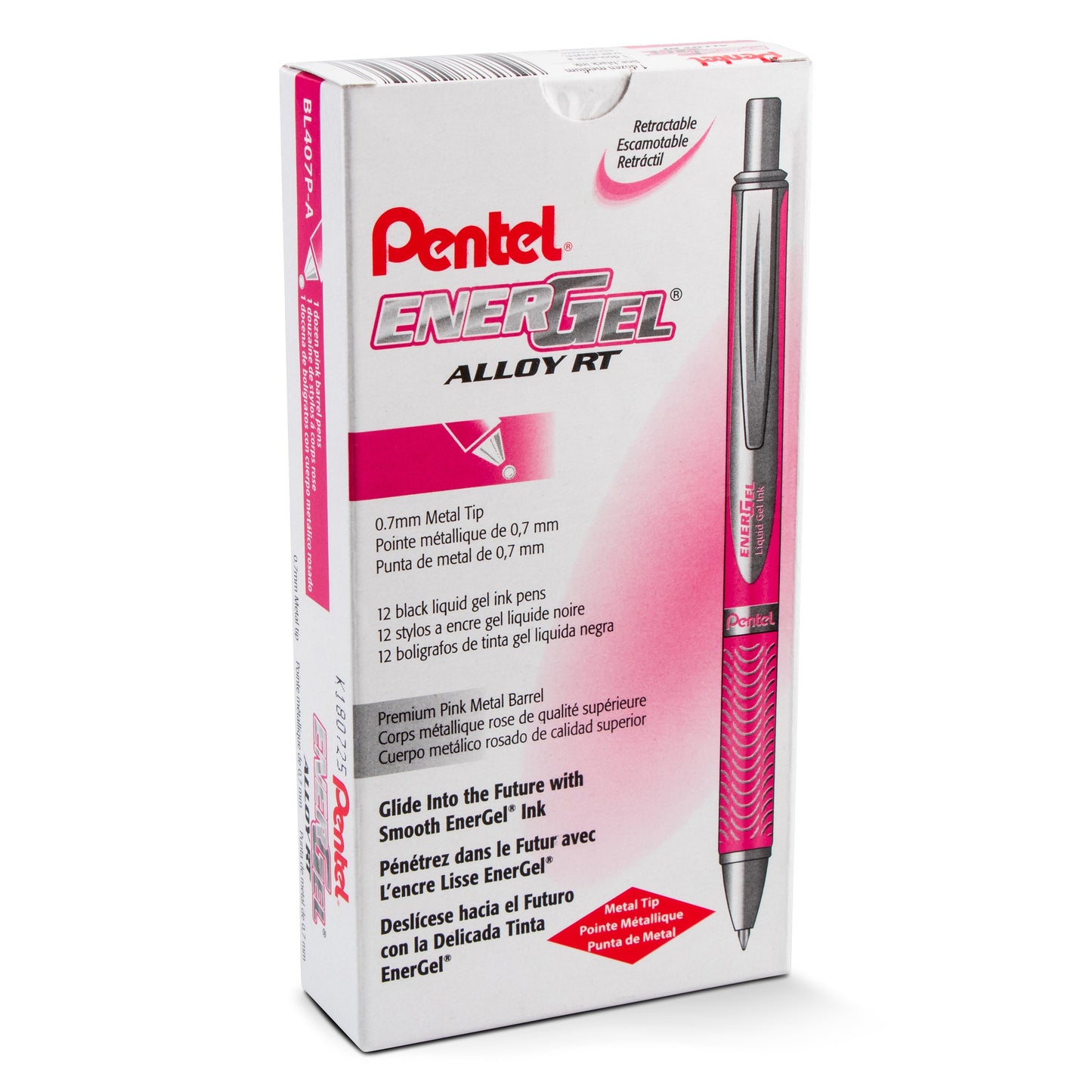 EnerGel Alloy Retractable Premium Liquid Gel Pen, (0.7mm) Metal Tip, Medium Line, Pink Barrel, Black Ink (BL407P-A)