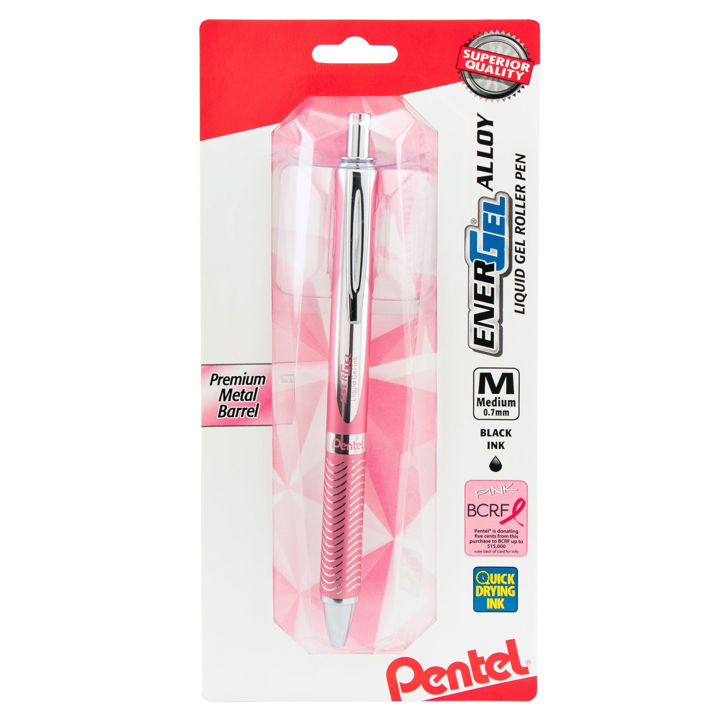 PINK BCA EnerGel Alloy Retractable Premium Liquid Gel Pen, (0.7mm) Metal Tip, Medium Line, Pink Barrel, Black Ink 1-Pk (BL407PBPA)