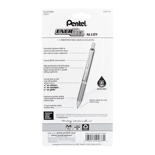 EnerGel Alloy Retractable Premium Liquid Gel Pen, (0.7mm) Metal Tip, Medium Line, Violet Barrel, Violet Ink, 1-Pk (BL407VBPV)