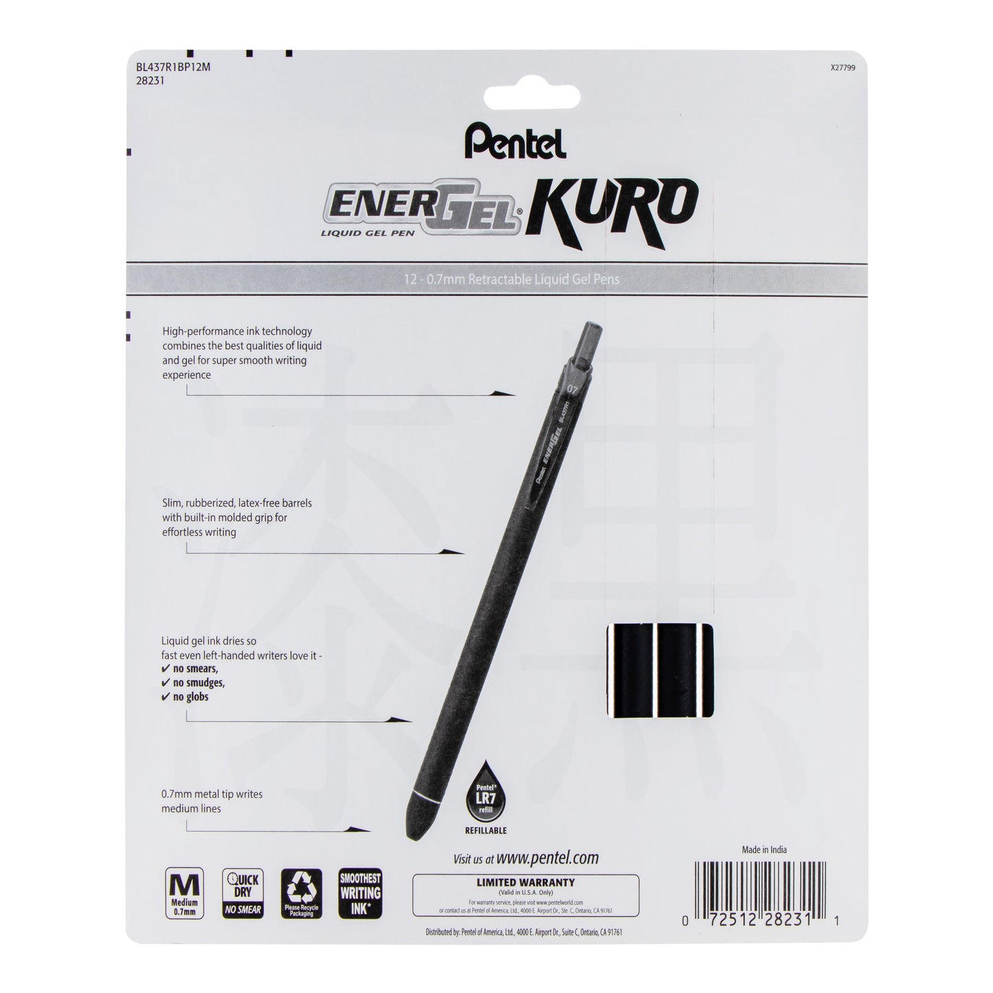 EnerGel Kuro Liquid Gel Pen, (0.7mm) Medium line, Assorted Ink (A,B,C,CA,D,E,F,K,P,S,S3,V), 12-pk (BL437R1BP12M)
