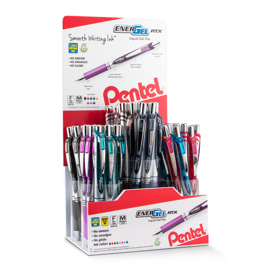 EnerGel RTX Retractable Liquid Gel Pen, (0.7mm) Metal Tip, Medium Line, Assorted Ink Colors, Open Stock Display - 72 Pieces (BL77-6)